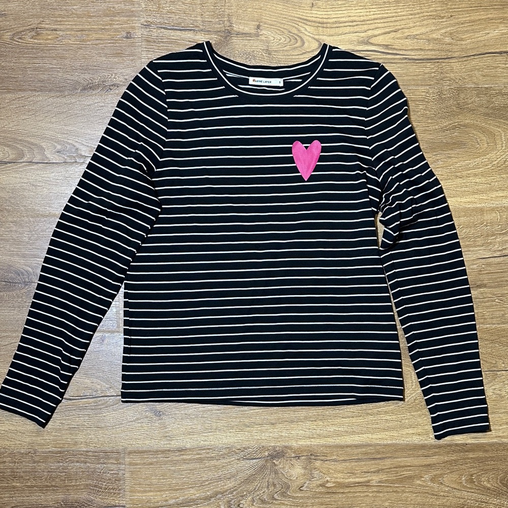 Marine Layer Black and White Striped Long Sleeve Tee with Pink Heart Small